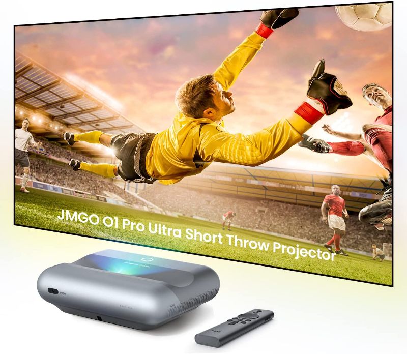 Photo 1 of JMGO O1 Ultra Short Throw Projector, 1080P Projector 800 ANSI Lumens,2022 World Cup Short Throw Projector, Dynaudio Speakers, Auto Focus,Auto Keystone Correction, JMGO O1 Projector for Home Theater