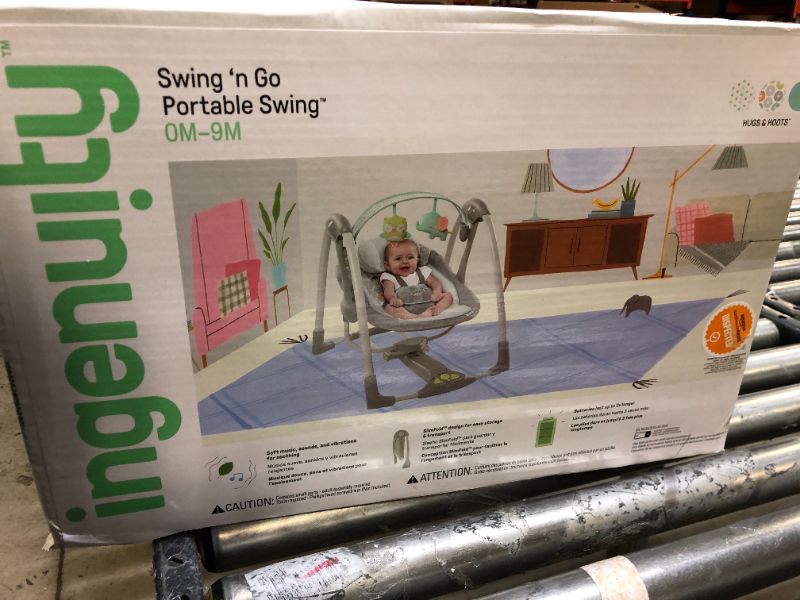 Photo 4 of Ingenuity 5-Speed Portable Baby Swing with Music, Nature Sounds & Battery-Saving Technology - Hugs & Hoots, Swing 'n Go, 0-9 Months
