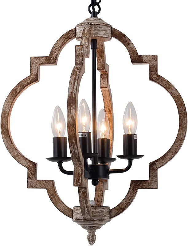 Photo 1 of 16.14" 4-Light Farmhouse Wood Chandelier, Rustic Orb Pendant Lighting Fixture with Adjustable Chain, Vintage Ceiling Hanging Lights for Foyer Entryway Dining Room Kitchen Island, Black ----------- STOCK PHOTO USED FOR REFERENCE, ITEM IS BLACK