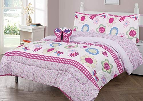 Photo 1 of 6 Piece Twin Size Kids Girls Teens Comforter Set Bed in Bag with Shams, Sheet set and Decorative Toy Pillow, Flower Butterfly Pink Lilac Girls Kids...
