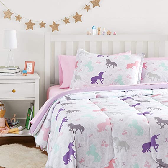Photo 1 of Amazon Basics Kids Bed-in-a-Bag Microfiber Bedding Set, Easy Care, Full/Queen, Purple Unicorns