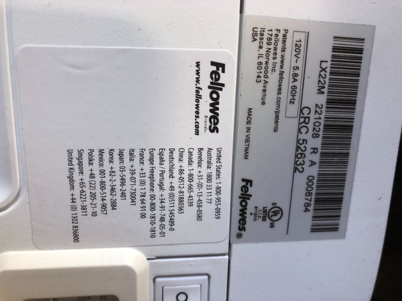 Photo 5 of Fellowes LX22M 20 Sheet P-4 Micro-Cut, Heavy Duty Paper Shredder for Office, 100% Jam Proof (White) - OUT OF BOX USED 
