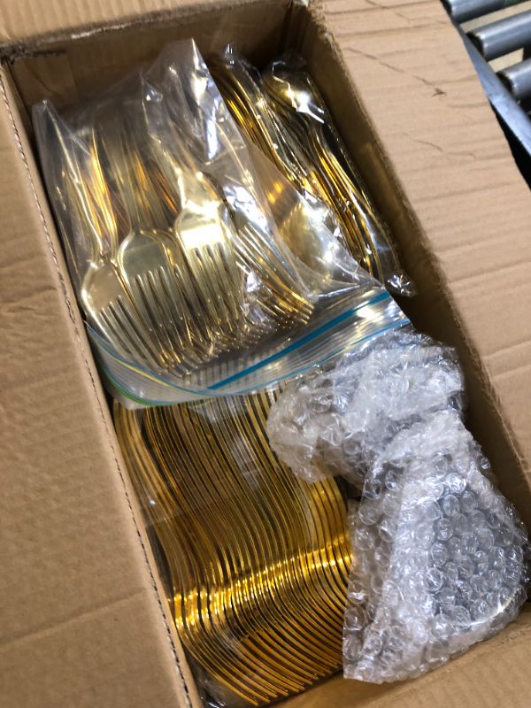 Photo 3 of 350 Piece MCIRCO Gold Dinnerware Set - Gold Rim Plastic Plates - Gold Plastic Silverware - Gold Plastic Cups -  Linen Like Gold Paper Napkins, 50 Guest Disposable Gold Dinnerware Set