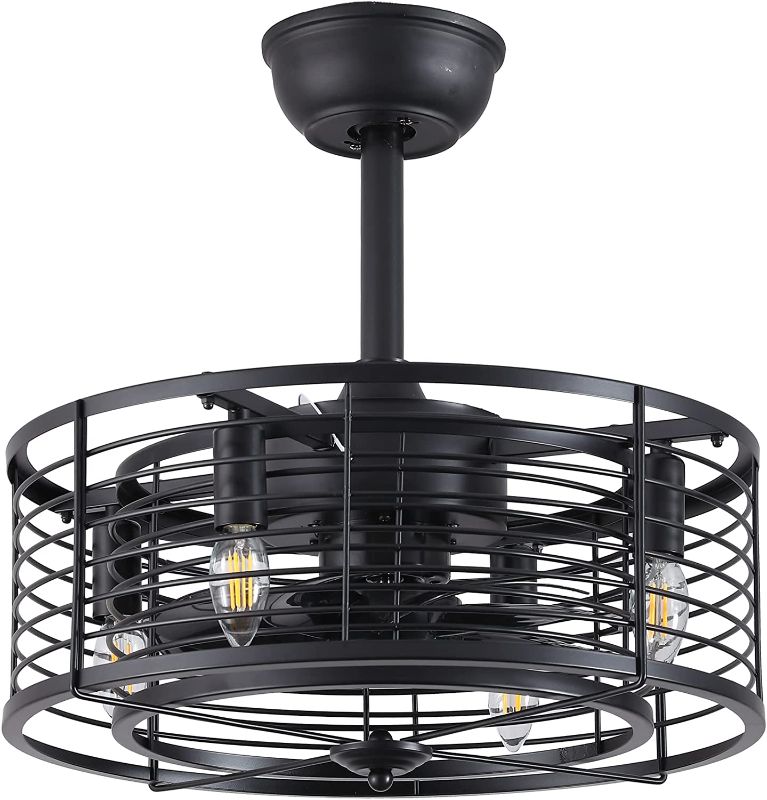 Photo 1 of YYEHON 17.7" Caged Ceiling Fan with Remote Control, Industrial Chandelier Fan Light, Bladeless Fandelier for Living Room, Bedroom, Kitchen, Dining Room, Black
