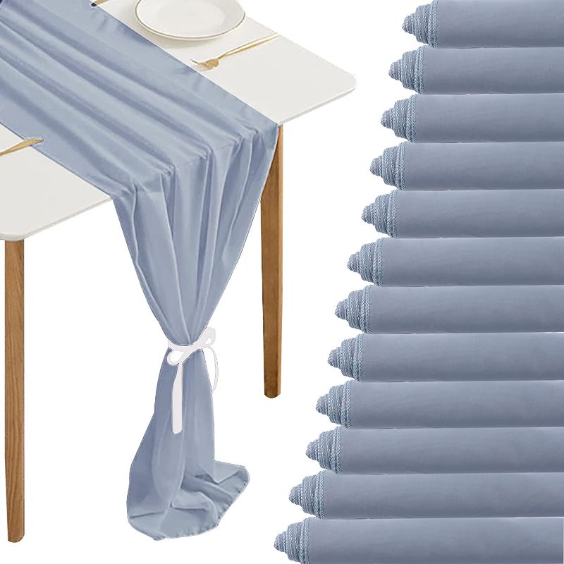 Photo 1 of 12 Count Dusty Blue 10Ft Chiffon Table Runner 27 x 120 Inches Sheer Chiffon Table Runner Romantic Boho Rustic Wedding Table Runner for Wedding Birthday Party Decor Bridal Baby Shower Table Decoration
