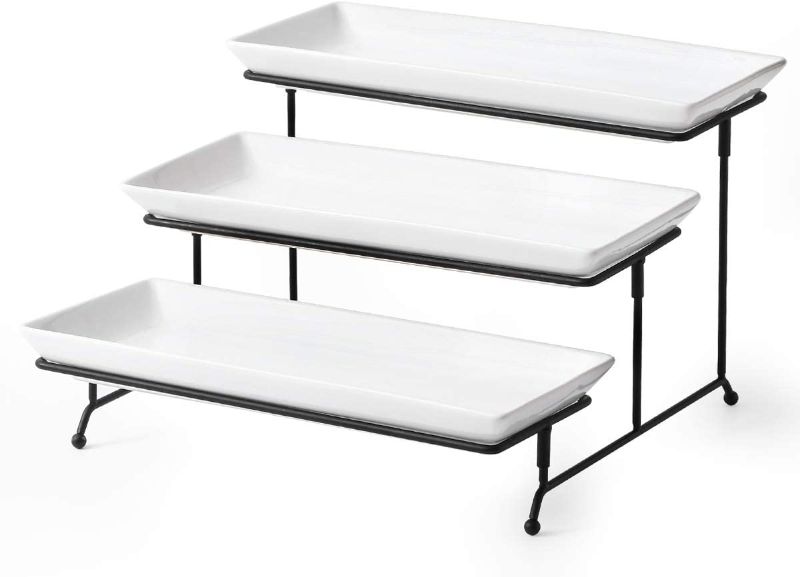 Photo 1 of YHOSSEUN 3 Tier Serving Stand Tiered Serving Stand With 3 Porcelain Serving Platters Trays For Dessert Server Display Collapsible Sturdier Metal Rack Large size 14 inch