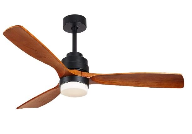 Photo 1 of ALUOCYI Outdoor Wood Ceiling Fan with Lights and Remote, 52 inch, 3 Solid Wood Blades,Noiseless Reversible DC Motor Low profile Ceiling fans for Living room, Bedroom, kitchen, Patio, F3601, Brown ---- MISSING REMOTE 
