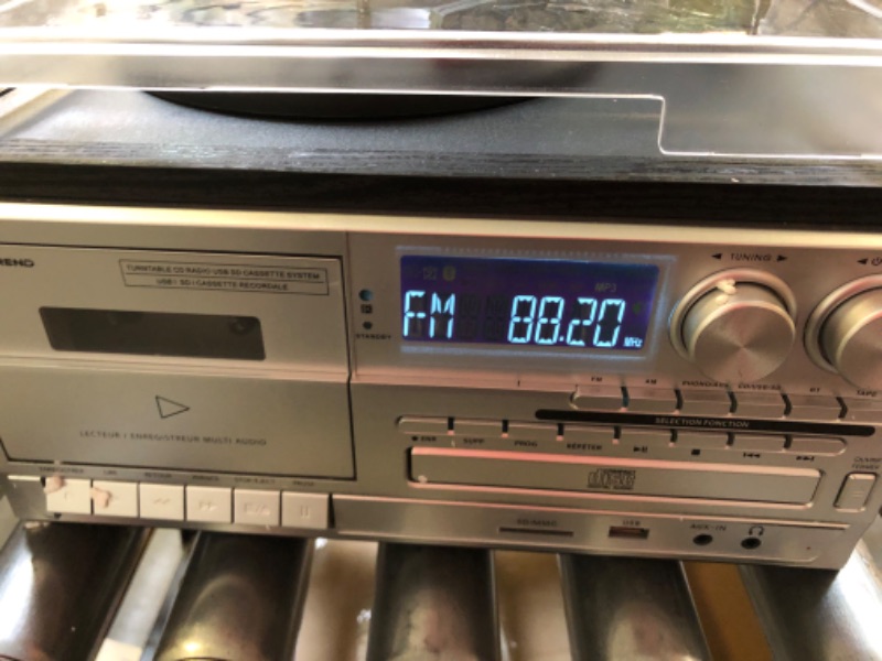 Photo 1 of MUSITREND 9 in 1 Record Player 3 Speed Vinyl Turntable with Bluetooth AM FM Raido Cassette CD USB SD Play Bulit-in Stereo Speakers Aux in RCA Line Out (Black)