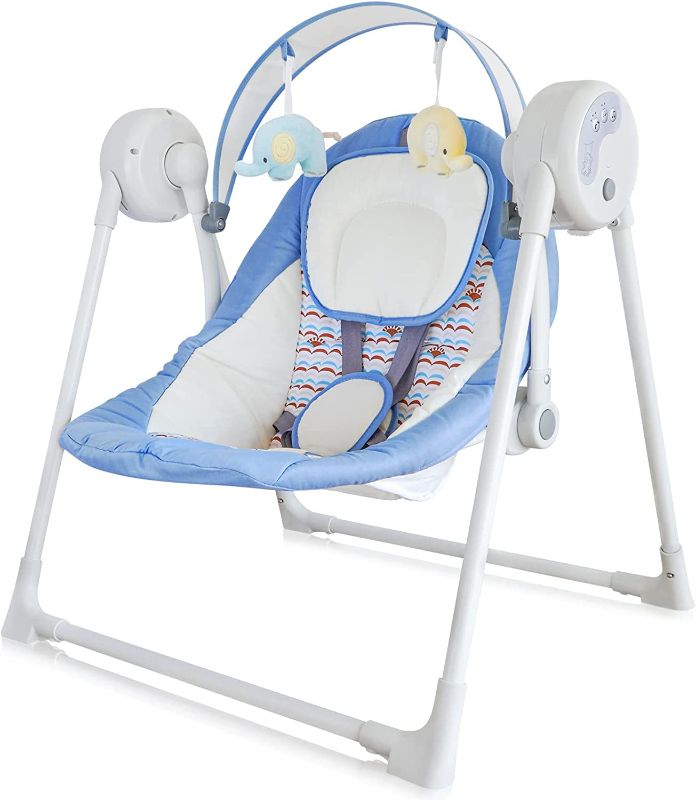 Photo 1 of Electric Portable Baby Swing, Baby Swing for Infants to Toddler with Intelligent Music Vibration Box, Baby Electric Swing for 6-25 lb, 0-12 Months, Folds for Easy Travel, Blue…