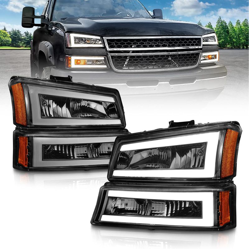 Photo 1 of AmeriLite for 2003-2006 Chevy Silverado 1500 2500 3500 | Avalanche Pickup LED Halo Bars Tube Black Headlights w/Bumper Turn Signal lamp Set - Driver and Passenger Side