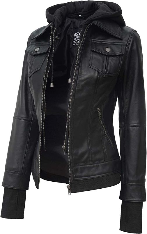 Photo 1 of Blingsoul Leather Jacket Women - Real Lambskin Womens Leather Jacket with Removable Hood SIZE SMALL