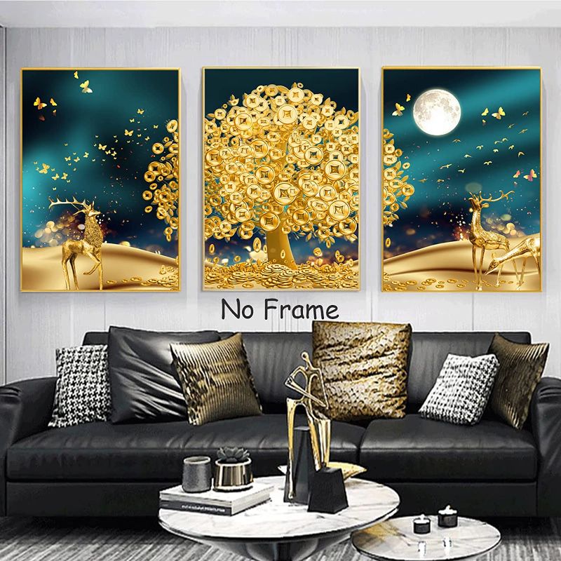 Photo 1 of Abstract Golden Canvas Wall Art Gold Deer Canvas Art Golden Tree Painting on Canvas for Living Room Deocr Money Tree Wall Canvas Gold Tree Picture Gold Deer painting for Home 20x28inchx3pcs Unframed