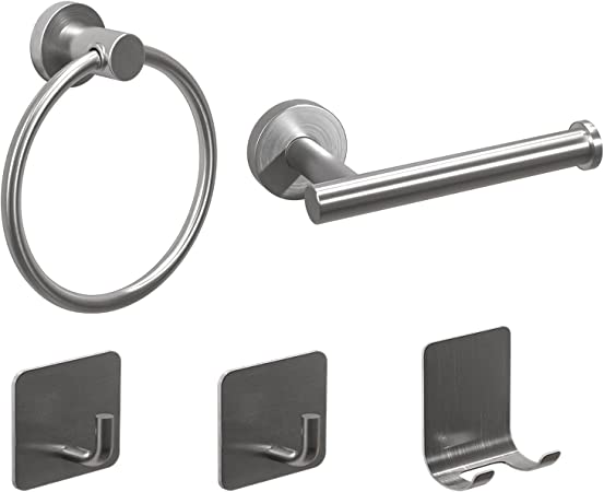 Photo 1 of 5 Piece Bathroom Hardware Set Brushed Nickel Towel Ring and Toilet Paper Holder Wall Mount, 2 Towel Hooks and 1 Razor Holder Adhesive, Bathroom Accessories Kit, COZYTALK
