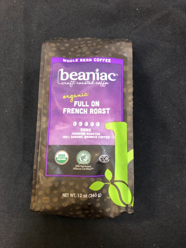 Photo 2 of beaniac Organic Full On French Roast, Dark Roast, Whole Bean Coffee, Rainforest Alliance Certified Organic Arabica Coffee, 12 Ounce Bag
EXP 06/2022