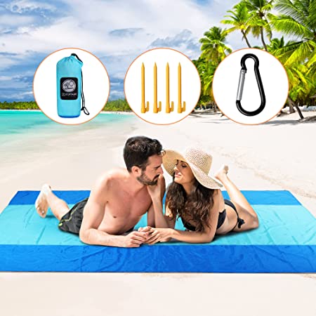 Photo 1 of Beach Blanket Waterproof Sandproof 2 People 59"x78.7",Large Sand Free Beach Mat,Lightweight Pocket Blanket - Beach Accessories for Vacation Must Haves,by Zomake(Lake Blue)
