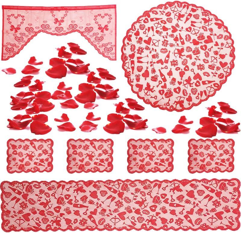 Photo 1 of Anditoy Mothers Day Decorations Set with 1 Tablecloth Runner, 4 Placemats, 1 Round Table Cover, 1 Door Window Curtain, 200 PCS Rose Petals for Mothers Day Decorations Home Party Supplies
