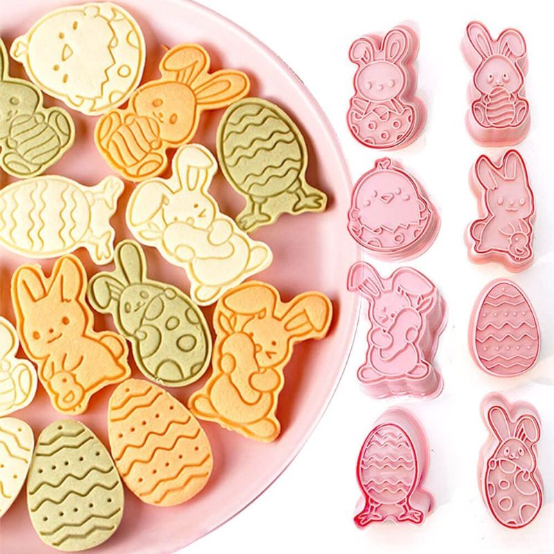 Photo 1 of 3D Easter Cookie Cutters for Baking 8 Pcs, Sandwich Cutter Cookie Stamps Press in shape of Easter Baskets, Eggs, Bunny, Carrot, Butterfly, Chicken, Biscuit Cutters for Kids Holiday
