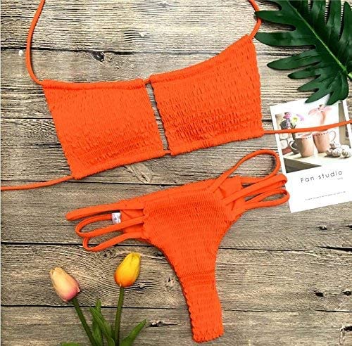 Photo 1 of NAFLEAP Women's Bikini Swimsuits Set Bandeau Orange Bikini Top Brazilian String Halter Smocked Keyhole Bathing Suit, SIZE Medium
