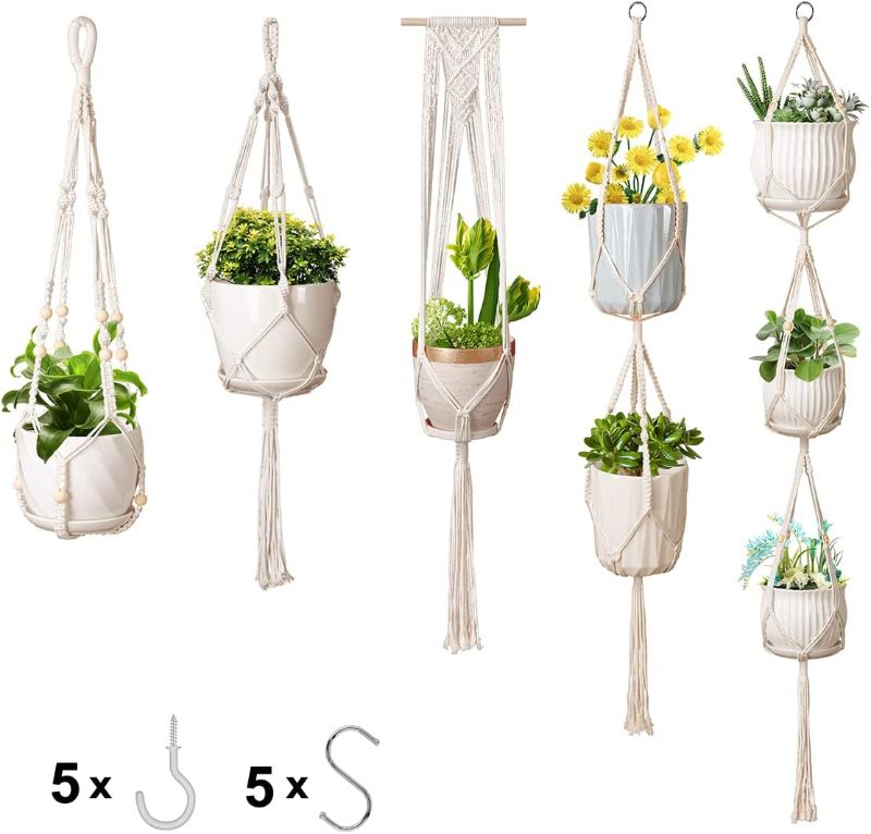 Photo 1 of 5 Packs Macrame Plant Hanger with 10 PCS Metal Hooks, Hanging Planter Plant Holder Handmade Ceiling or Wall Plant Hanger Decors for Indoor Outdoor
