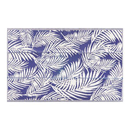 Photo 1 of Blue Plastic Straw Beach Mat Tropical Palm Leaf Outdoor Rug for Camping and Patio 4x6 Ft.