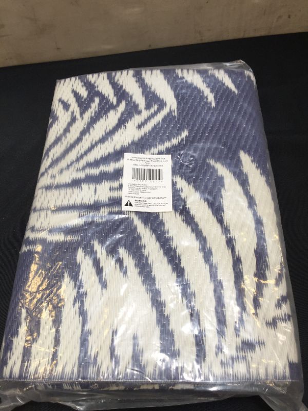 Photo 2 of Blue Plastic Straw Beach Mat Tropical Palm Leaf Outdoor Rug for Camping and Patio 4x6 Ft.