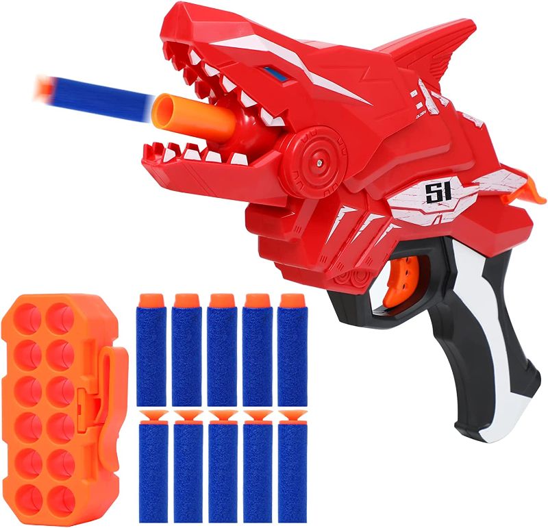 Photo 1 of TINLEON Shark Foam Blasters Toy : Gun Pistol Up to 65ft Range with 12 Refill Darts, Shark Manual Burst Soft Bullet Gun Party Favors Gifts for 6+ Boys Girls
