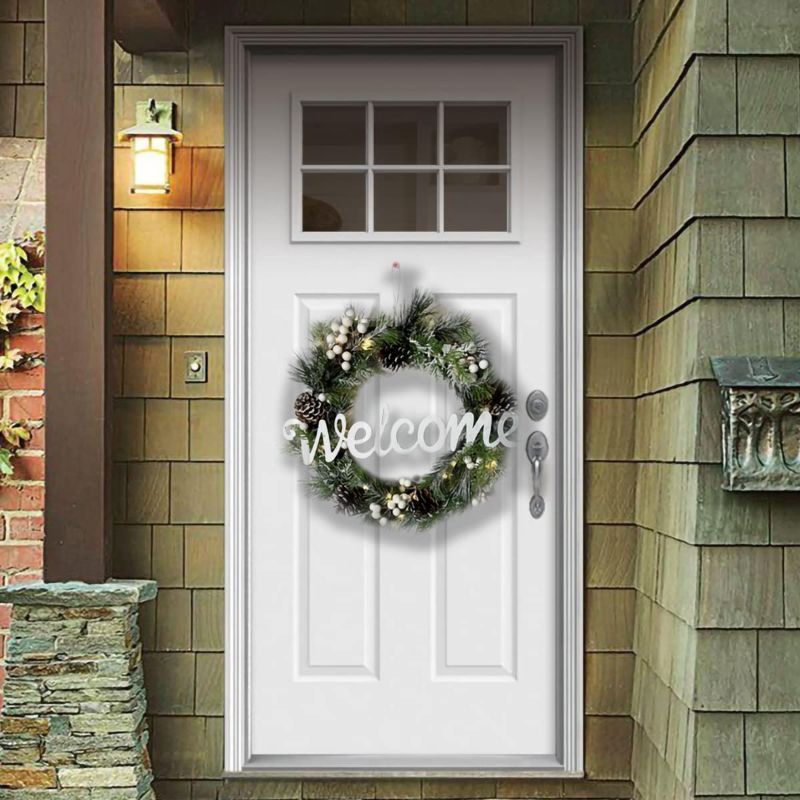 Photo 1 of Eternhome Welcome Christmas Wreath 16.5 Inch Pine Needles Wreath for Front Door LED Lighted Artificial Wreath Decoration Pine Cones Eucalyptus Leaves Wreaths Sign Witner Holiday Festival Wall Décor
