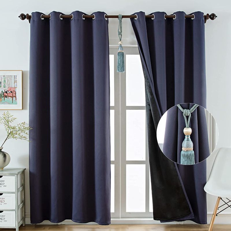 Photo 1 of 100% Blackout Curtains Panels with 2 Tiebacks, 52 x 96 Navy Blue Extra Double Thick Layers Darkening Blackout Window Curtains Completely Treatment Thermal Insulated Drapes for Living Room
