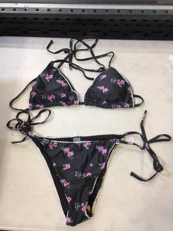 Photo 1 of 2 PC  BLACK W/ PINK FLOWERS BIKINI SET - M