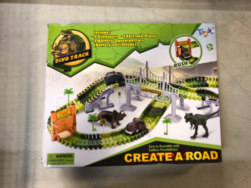 Photo 2 of Dinosaur Toys,Create A Dinosaur World Road Race,Flexible Track Playset and 2 pcs Cool Dinosaur car for 3 4 5 6 Year & Up Old boy Girls Best Gift Green