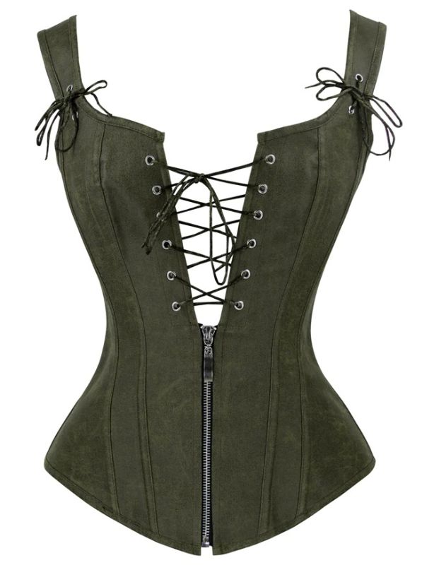 Photo 1 of CHARMIAN -Vintage Renaissance Lace Up Bustier Corset with Garters / G-STRING SET - .L - GREEN