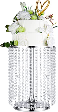 Photo 1 of 12in Acrylic Chandelier Metal Round Cake Stand with Crystal Pendants and Beads, Used for Anniversaries Wedding Birthday Party Dessert Cake Display Stand Desktop Décor?Silver
