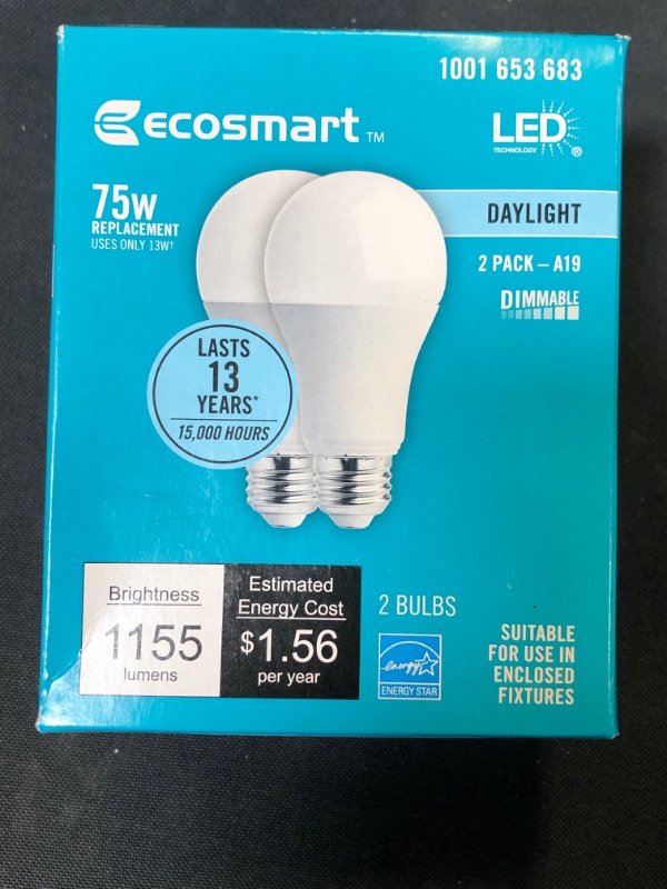 Photo 2 of EcoSmart 75-Watt Equivalent A19 Dimmable Energy Star LED Light Bulb Daylight 4 PACK [ BOXES OPENED BUT NOT USED UNABLE TO TEST FOR PROPER FUNCTION ] 
