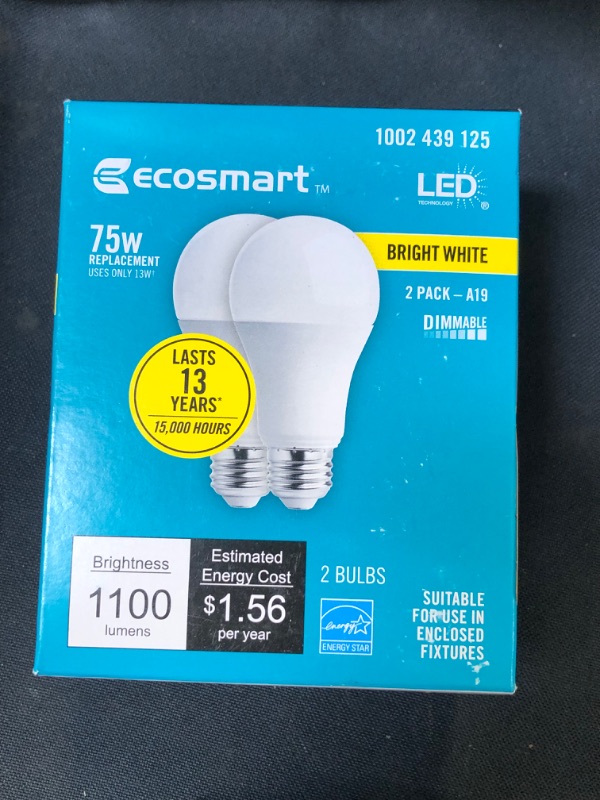 Photo 1 of EcoSmart 75-Watt Equivalent A19 Dimmable Energy Star LED Light Bulb Bright White 4 PACK [ BOXES OPENED BUT NOT USED UNABLE TO TEST FOR PROPER FUNCTION ]

