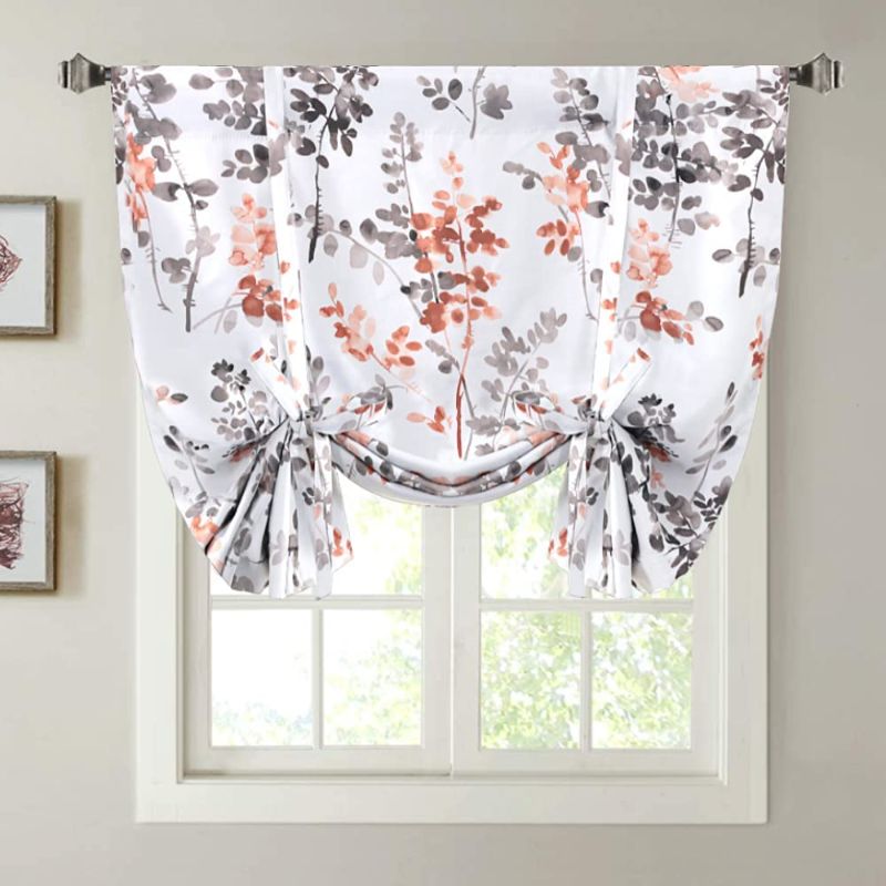 Photo 1 of Blackout Tie Up Curtain - Thermal Insulated Balloon Curtain for Small Window Adjustable Kitchen Tie Up Curtain (Floral Pattern in Grey and Coral, Rod Pocket Panel, 42 inches W x 63 inches L)
