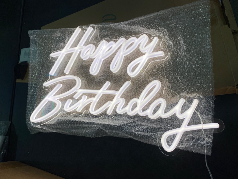 Photo 2 of Large Cool White Happy Birthday Neon Sign LED Light Up Sign for Birthday Party Backdrop Decoration Banner Dimmable 12V/5A Plug Powered Happy Birthday Led Sign Happy Birthday Light Up Sign