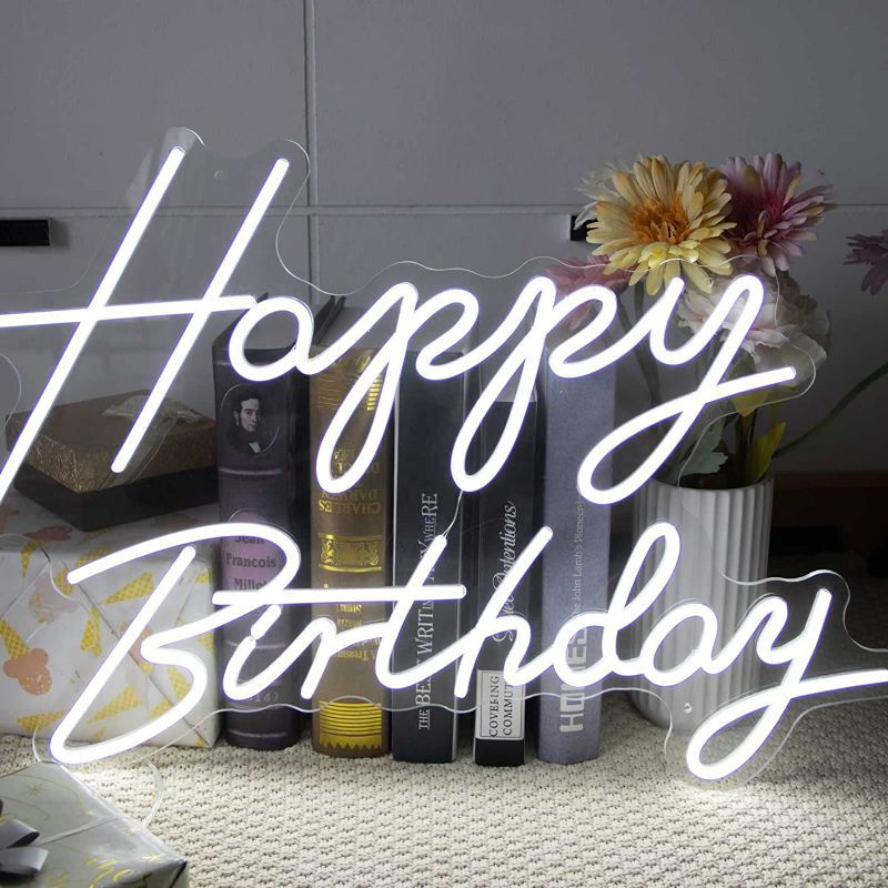 Photo 1 of Large Cool White Happy Birthday Neon Sign LED Light Up Sign for Birthday Party Backdrop Decoration Banner Dimmable 12V/5A Plug Powered Happy Birthday Led Sign Happy Birthday Light Up Sign