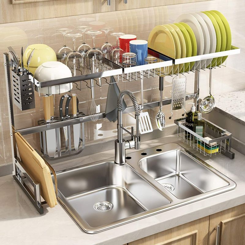 Photo 1 of Over The Sink Dish Drying Rack, Full Stainless Steel 2-Tier Kitchen Counter Dish Drainer Rack Adjustable (33.8 to 41.5 inch), Expandable Dish Drying Rack with Kitchen Accessories, Silver NEW