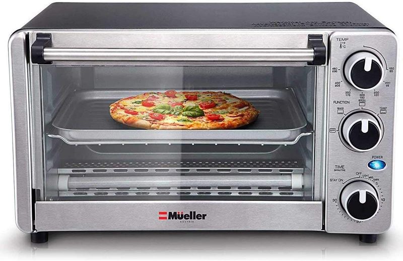 Photo 1 of Toaster Oven 4 Slice, Multi-function Stainless Steel Finish with Timer - Toast - Bake - Broil Settings, Natural Convection - 1100 Watts of Power, Includes Baking Pan and Rack by Mueller Austria NEW 