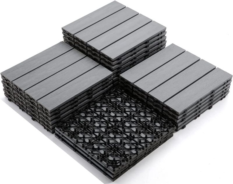 Photo 1 of PANDAHOME 22 PCS Wood Plastic Composite Patio Deck Tiles, 12”x12” Coextrusion Pattern Interlocking Decking Tiles, Water Resistant for Indoor & Outdoor, 22 sq. ft - Westminster Grey 3D