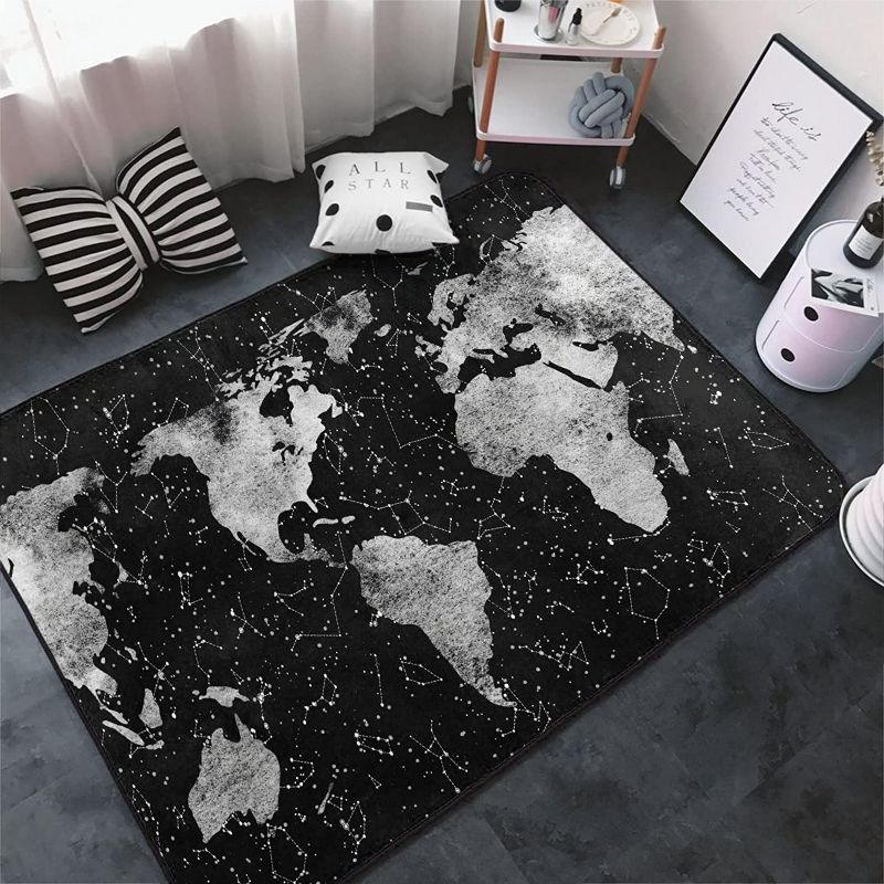 Photo 1 of Astede Starry Black and White World Map Galaxy Area Rug Living Room Carpet Bedroom Rug Flannel Children Crawling Non Slip Floor Mat for Kids Playroom Garden Entry Home Decor