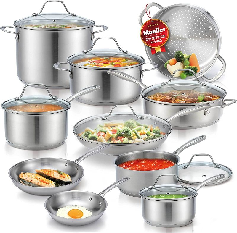 Photo 1 of Mueller Pots and Pans Set 17-Piece, Ultra-Clad Pro Stainless Steel Cookware Set, Ergonomic and EverCool Stainless Steel Handle, Includes Saucepans, Skillets, Dutch Oven, Stockpot, Steamer and More NEW 