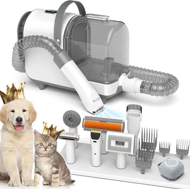 Photo 1 of Bunfly Pet Clipper Grooming Kit and Vacuum Picks Up 99% Pet Hair, 7 Pet Grooming Tools, 3L Large Capacity Easy Clean Dust Cup for Pet Hair, Home Cleaning?Silver?NEW 