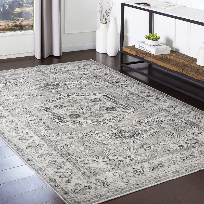 Photo 1 of Valenrug Washable Rug 5x7 - Ultra-Thin Antique Collection Area Rug, Stain Resistant Rugs for Living Room Bedroom, Distressed Persian Boho Rug(Grey, 5'x7') 