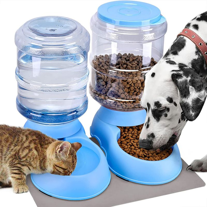 Photo 1 of 2 Pack Automatic Cat Feeder and Water Dispenser in Set with Pet Food Mat for Small Medium Dog Pets Puppy Kitten Big Capacity 1 Gallon x 2 (2 Pack Blue) NEW 