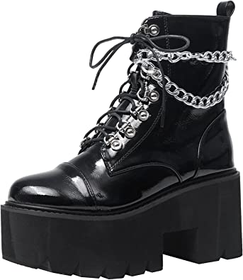 Photo 1 of Black Platform Boots for Women with Fashion Chain Chunky Heeled Studded Combat Boots Lace Up and Zipper Goth emo Shoes Cosplay Halloween Ankle Booties for Daughter (8.5) NEW