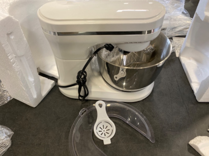 Photo 2 of KUPPET Stand Mixer, 8-Speed Electric Mixer, Tilt-Head Food Mixer with Dough Hook, Wire Whip & Beater, 4.7QT Stainless Steel Bowl, White NEW 