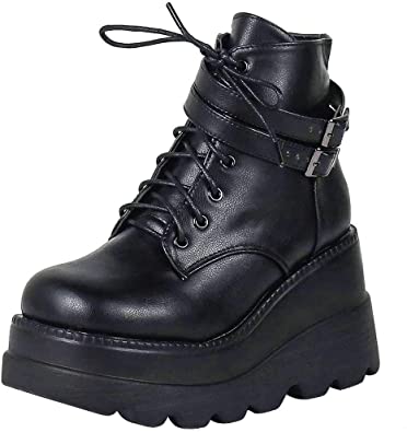 Photo 1 of Vimisaoi Ankle Boots for Women, Lace Up Zip High Heel Combat Wedge Goth Punk Boots (Approx. 8-10) NEW