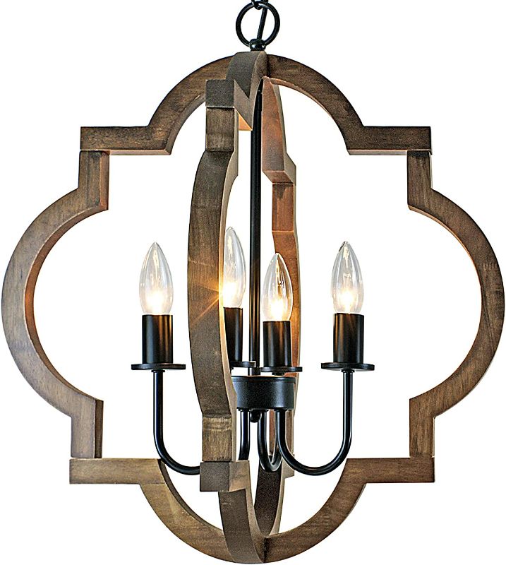 Photo 1 of Farmhouse Chandelier, 19.49" Rustic Chandelier with Adjustable Height Chian, 4-Light Farmhouse Dining Room Light Fixture Over Table, Wood Orb Farmhouse Light Fixture for Hallway, Kitchen, Dining Room NEW
