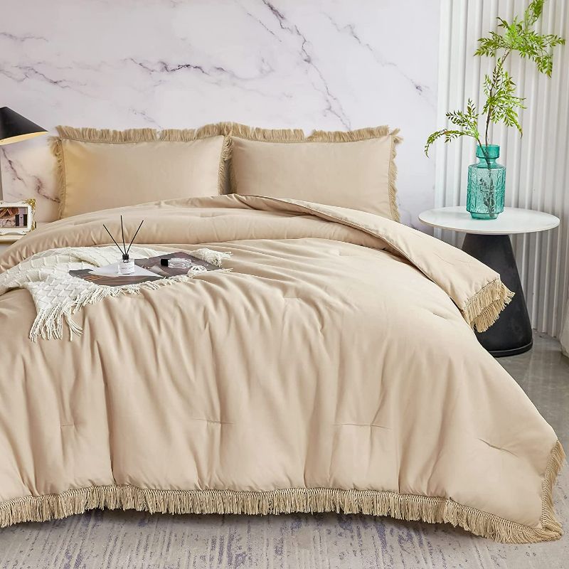 Photo 1 of ZRNBAST Camel Boho Style Comforter with Tassels Farmhouse Style Queen Size Fluffy Bedding Set with Fringe Include 1 Comforter,2 Pillowcases,1 Fitted Sheet,1 Flat Sheet (Taupe, Queen)
